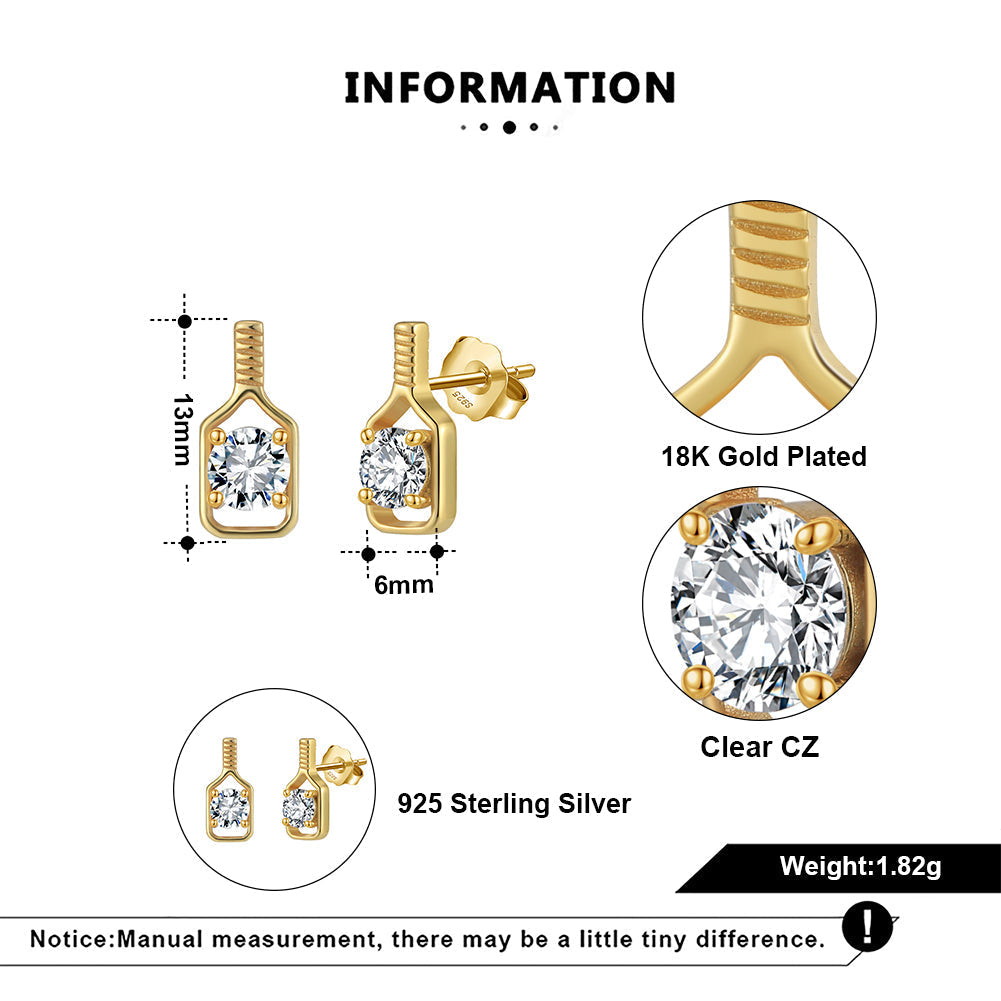 Pickleball Sparkler Paddle Stud Earrings Gold