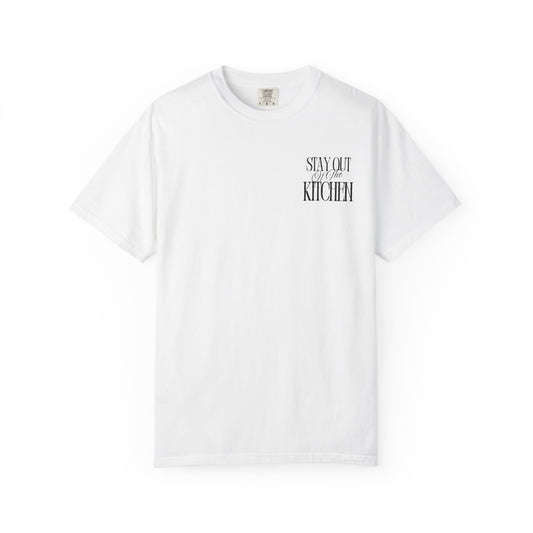 White t-shirt with text 'STAY OUT OF THE KITCHEN' on a white background pickleball shirt
